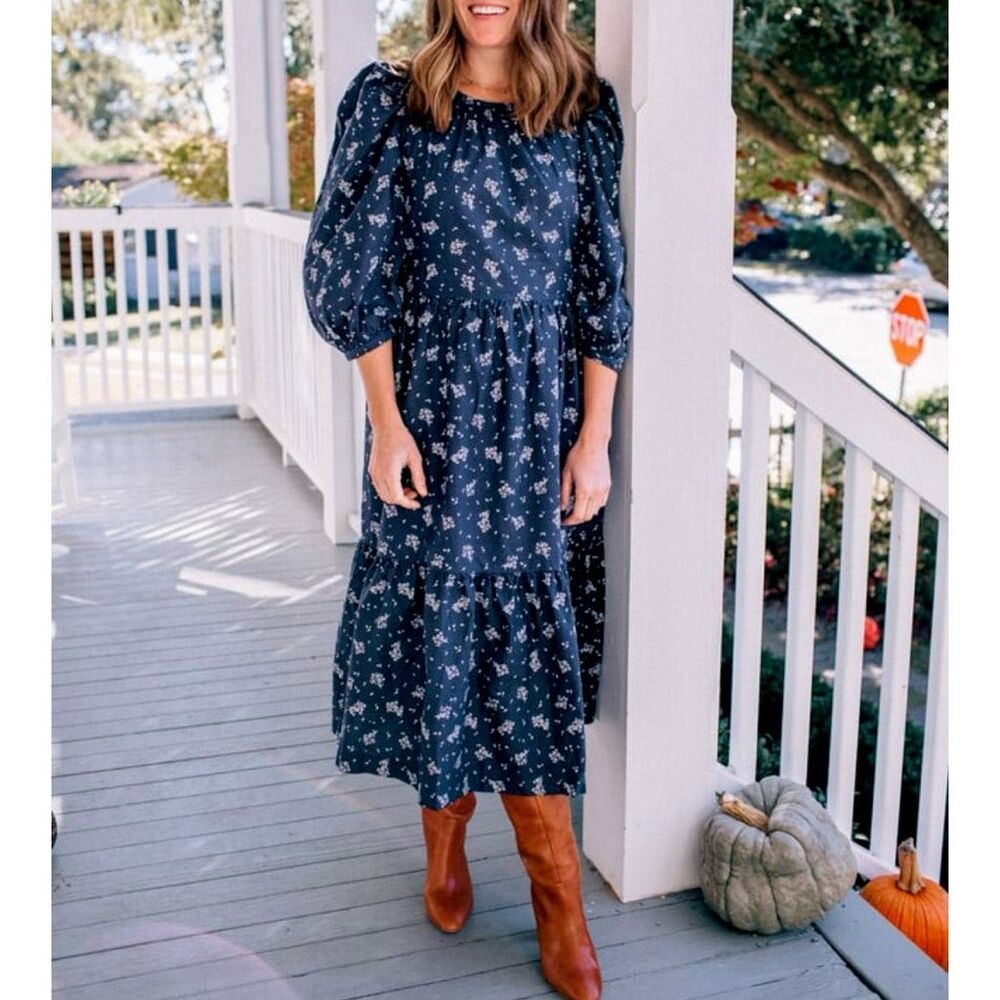 Summersalt The Tiered floral Midi Dress Size L navy‎ blue white boho cottagecore